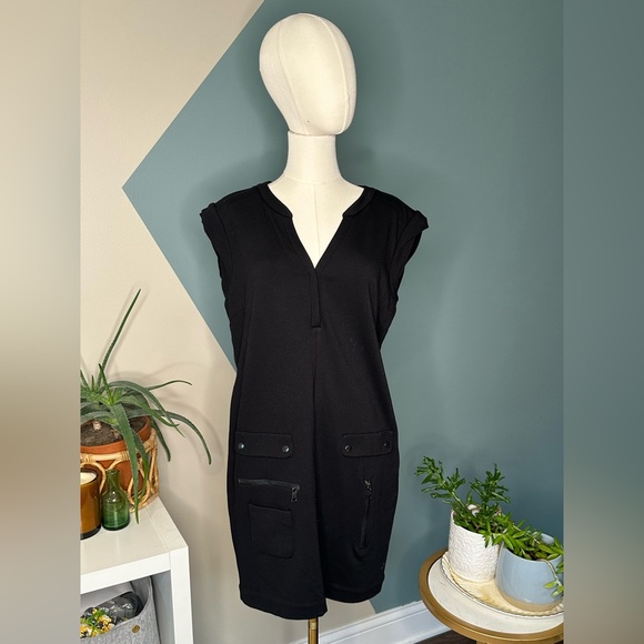 Cynthia Steffe Black Utility Mini Dress Y2K Cap Sleeve Mod Pockets Stretch 10 - Picture 2 of 13